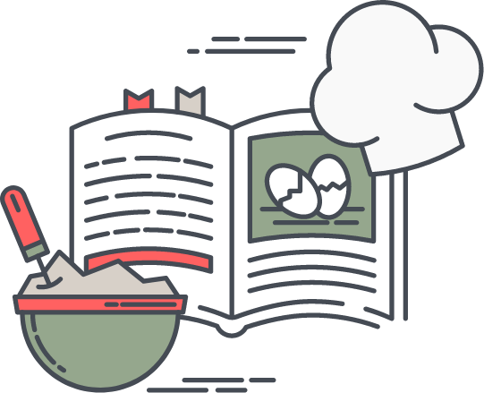 Animated chef hat, cook book, and mixing bowl