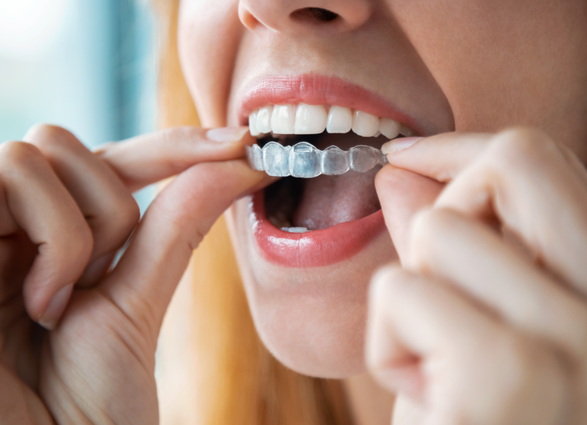 Close up of woman putting clear aligner on teeth