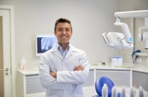 Dentist smiling and standing in center of office.