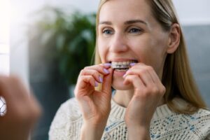 Woman putting in clear aligner.